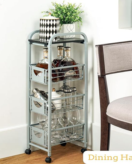 Slim Rolling Storage Cart Small Narrow Kitchen Metal Storage Cart with Lockable Wheels Slim Laundry Bathroom Storage Cart with Wooden top for Kitchen Laundry Narrow Places with Pull-Out Basket Grey - LeafyLoom