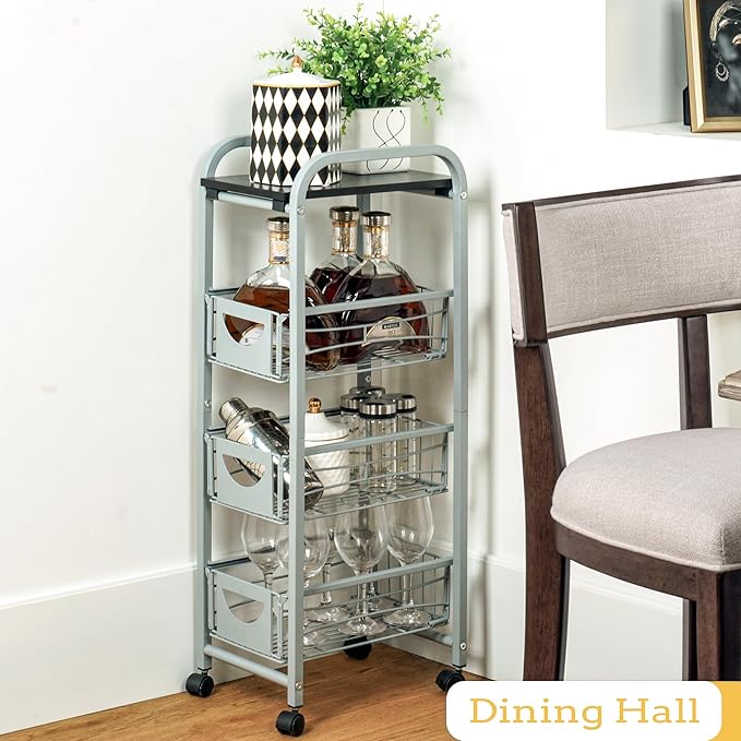 Slim Rolling Storage Cart Small Narrow Kitchen Metal Storage Cart with Lockable Wheels Slim Laundry Bathroom Storage Cart with Wooden top for Kitchen Laundry Narrow Places with Pull-Out Basket Grey - LeafyLoom