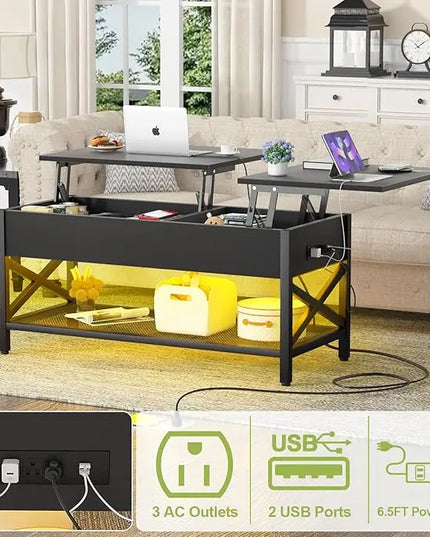 Aheaplus Black Lift-Top Coffee Table with LED Light, Power Outlets and Storage Shelf, 41.7"W x 19.69"L x 19.7"H - LeafyLoom