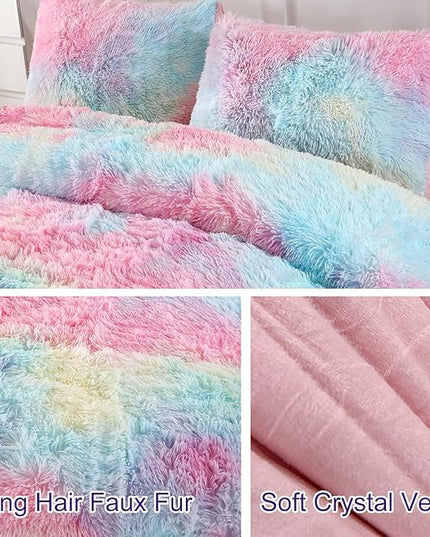 WINLIFE Faux Fur Comforter Set Twin Size for Girls Bedding Plush Shaggy Comforter Sets Gradient Ombre Tie Dye Bed Set Fuzzy Furry Long Hair Fluffy Comforter (3Pcs, Twin, Rainbow) - LeafyLoom