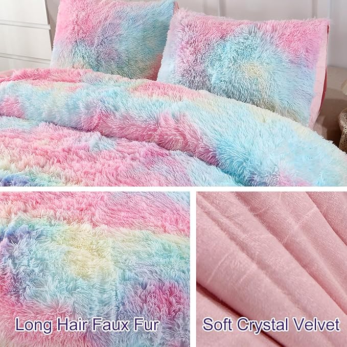 WINLIFE Faux Fur Comforter Set Twin Size for Girls Bedding Plush Shaggy Comforter Sets Gradient Ombre Tie Dye Bed Set Fuzzy Furry Long Hair Fluffy Comforter (3Pcs, Twin, Rainbow) - LeafyLoom
