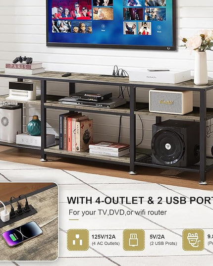 VECELO TV Stand with Power Outlets for Televisions Up to 75 Inch, Industrial Entertainment Center with 3-Tier Open Storage Shelves & 6 Hooks for Living, Bedroom and Gaming Room, 70 Inch, Rustic Grey - LeafyLoom