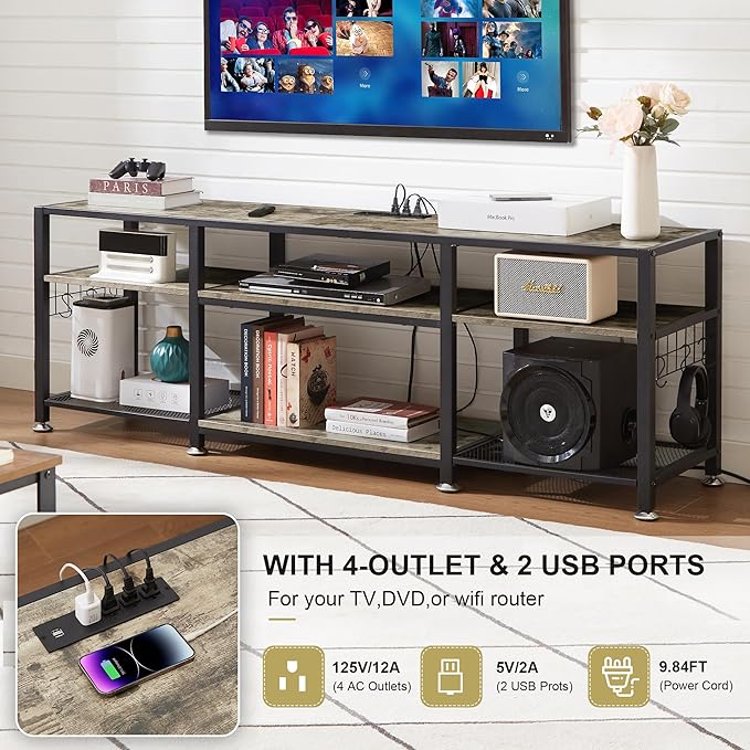 VECELO TV Stand with Power Outlets for Televisions Up to 75 Inch, Industrial Entertainment Center with 3-Tier Open Storage Shelves & 6 Hooks for Living, Bedroom and Gaming Room, 70 Inch, Rustic Grey - LeafyLoom