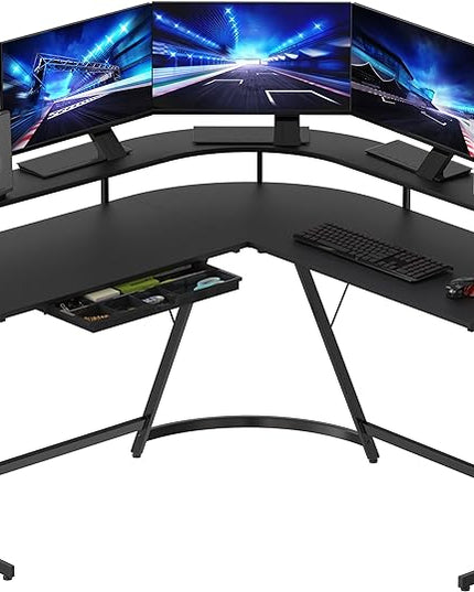 SHW Vista L Desk with U Monitor Stand and Drawer, Black - LeafyLoom