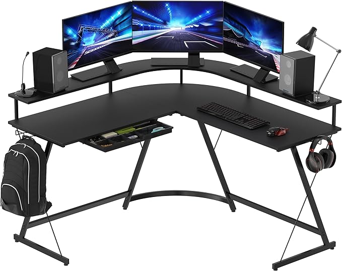 SHW Vista L Desk with U Monitor Stand and Drawer, Black - LeafyLoom