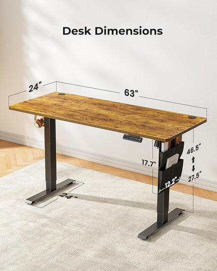 Marsail Standing Desk, Office Adjustable Heights Desk,Stand Up Desk,63x24 Inches Desktop Sit Stand Home Office Gaming Computer Desk with 4 Memory Presets,Headphone Hook,Cable Organizer,Rustic - LeafyLoom