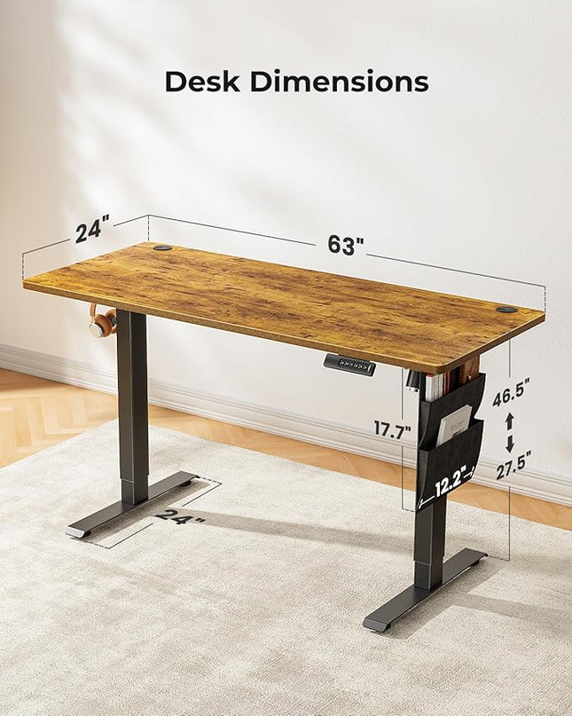 Marsail Standing Desk, Office Adjustable Heights Desk,Stand Up Desk,63x24 Inches Desktop Sit Stand Home Office Gaming Computer Desk with 4 Memory Presets,Headphone Hook,Cable Organizer,Rustic - LeafyLoom