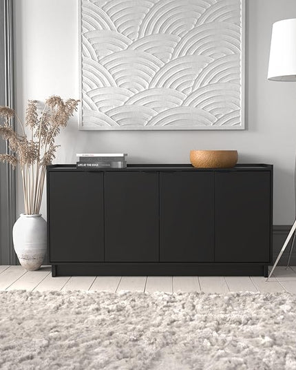 Prepac Simply Modern 4 Console Table Doors and Shelves, Sideboard Storage Cabinet, 60" W x 30" H x 16" D, Black - LeafyLoom
