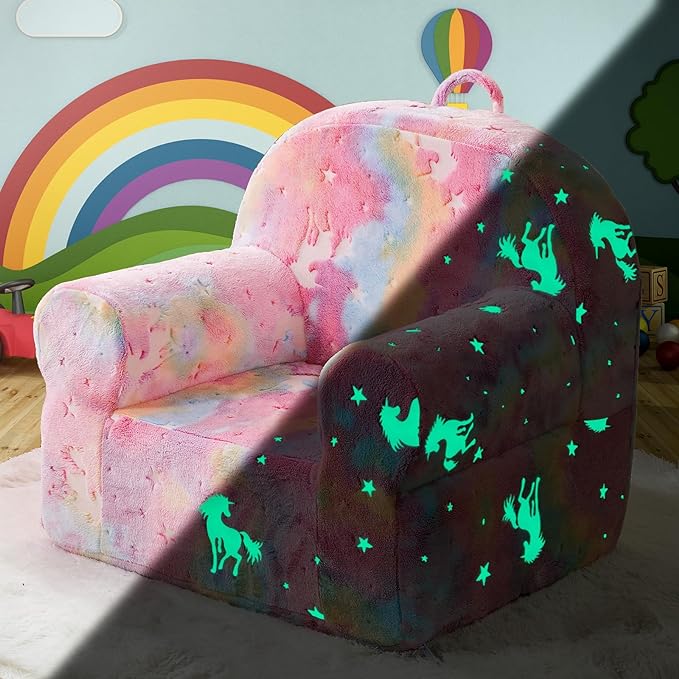 Toddler Chair Kids Plush Chair Sherpa Kids Chairs, Toddler Couch Bean Bag Chairs for Kids Gaming Chair for Kids Glow in The Dark, Rainbow Pink - LeafyLoom