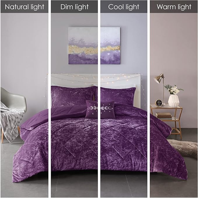 Intelligent Design Queen Comforter Set, Velvet Comforter Set , Luxury Diamond Quilting Comforter Set, Fluffy Comforter Bed Set with Decorative Pillowand 2 Shams, 4 Piece Purple, Full/Queen - LeafyLoom