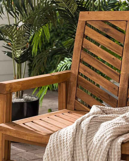 Walker Edison 2 Piece Outdoor Patio Chevron Wood Chair Set All Weather Backyard Conversation Garden Poolside Balcony, Set of 2, Brown - LeafyLoom