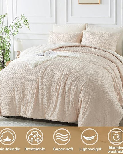 Twin Size Tufted Kids Comforter Set 6 Piece Beige Jacquard Tufts Embroidery Bedding Set for Boys Girls Bed in A Bag Quilt with 1 Comforter, 1 Flat Sheet, 1 Fitted Sheet, 1 Pillowcase and 2 Pillow Sham - LeafyLoom