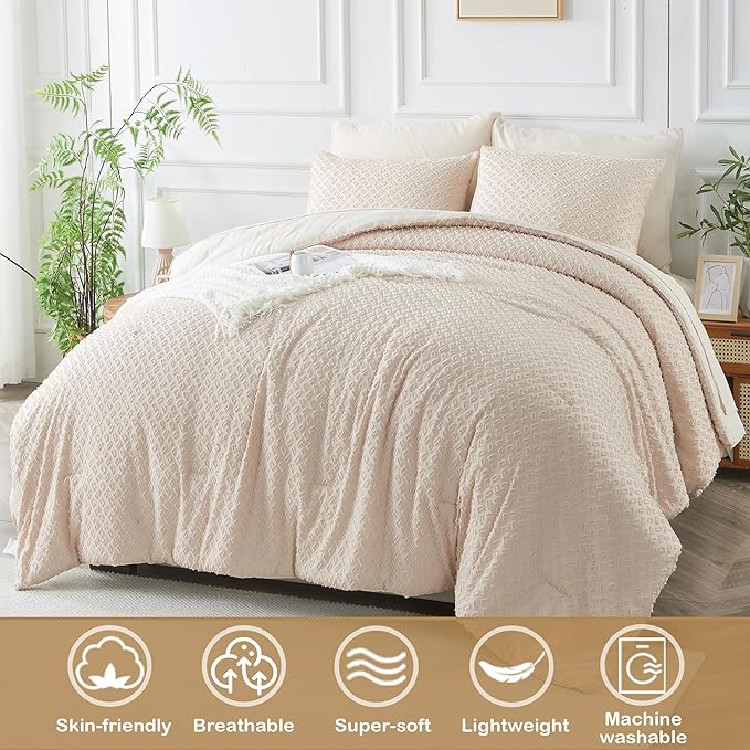 Twin Size Tufted Kids Comforter Set 6 Piece Beige Jacquard Tufts Embroidery Bedding Set for Boys Girls Bed in A Bag Quilt with 1 Comforter, 1 Flat Sheet, 1 Fitted Sheet, 1 Pillowcase and 2 Pillow Sham - LeafyLoom