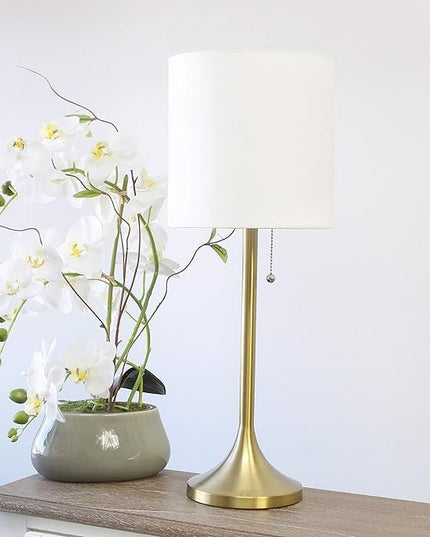 Simple Designs LT1076-GDW Tapered Fabric Drum Shade Table Lamp, Gold and White - (Pack of 4) - LeafyLoom