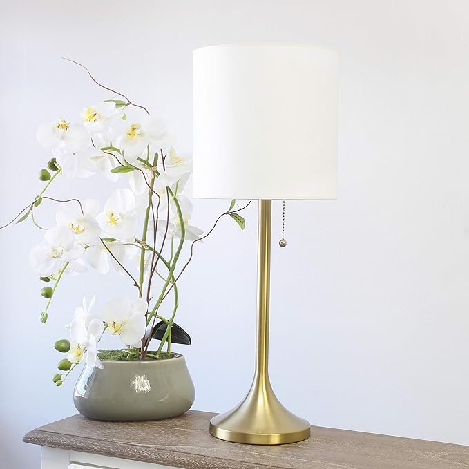 Simple Designs LT1076-GDW Tapered Fabric Drum Shade Table Lamp, Gold and White, 8 x 8 x 21 - LeafyLoom