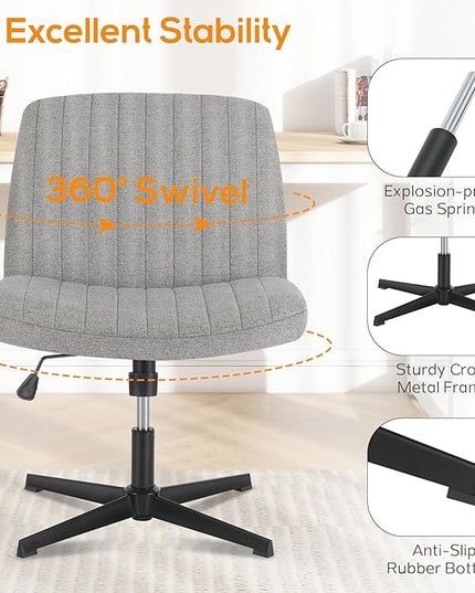 Criss Cross Chair, Cross Legged Office Chair, Wide Comfty Desk Chair, No Wheels Armless Computer Task Chair, Swivel Vanity Home Chair, Height Adjustable - LeafyLoom
