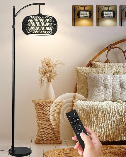 Arc Floor Lamp with 3 Color Temperatures, Dimmable LED Black Floor Lamp with Remote Control, Boho Standing Lamp with Rattan Wicker Shades, Farmhouse Tall Pole Lamp for Living Room Bedroom - LeafyLoom