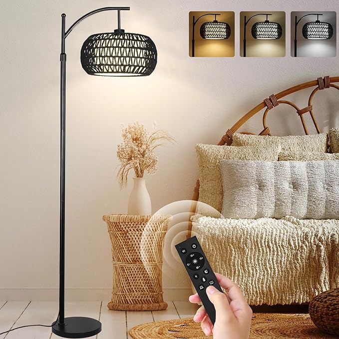 Arc Floor Lamp with 3 Color Temperatures, Dimmable LED Black Floor Lamp with Remote Control, Boho Standing Lamp with Rattan Wicker Shades, Farmhouse Tall Pole Lamp for Living Room Bedroom - LeafyLoom