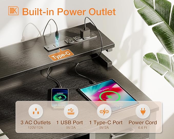 ODK Computer Desk with Drawers, 48 Inch Gaming Desk with Power Outlet, Office Desk with Keyboard Tray, Study Table Work Desk with Monitor Shelf, Writing Desk PC Desk for Home Office, Black - LeafyLoom