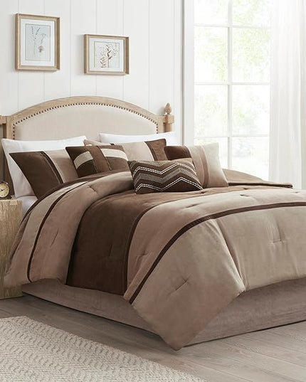 Madison Park Palisades Comforter Set Modern Faux Suede Pieced Stripe Design, All Season Down Alternative Cozy Bedding with Matching Shams, Decorative Pillows, Queen(90"x90"), Brown 7 Piece - LeafyLoom