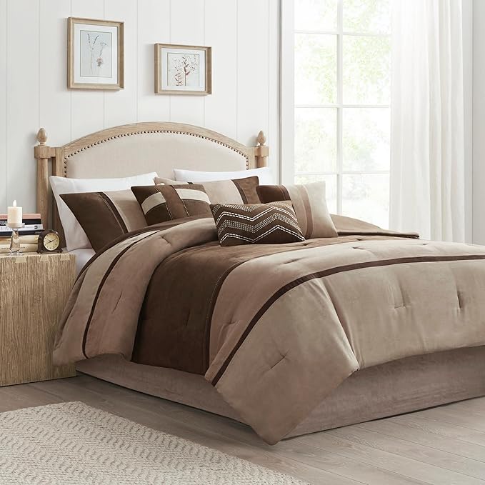 Madison Park Palisades Comforter Set Modern Faux Suede Pieced Stripe Design, All Season Down Alternative Cozy Bedding with Matching Shams, Decorative Pillows, Queen(90"x90"), Brown 7 Piece - LeafyLoom
