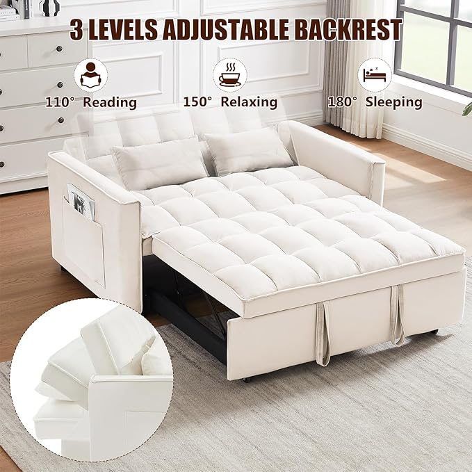 3 in 1 Loveseat Sofa Bed, Pull Out Couch Sleeper with Storage, Full Size Velvet Convertible Chair with 2 Pockets & 2 Pillows for Living Room, White - LeafyLoom