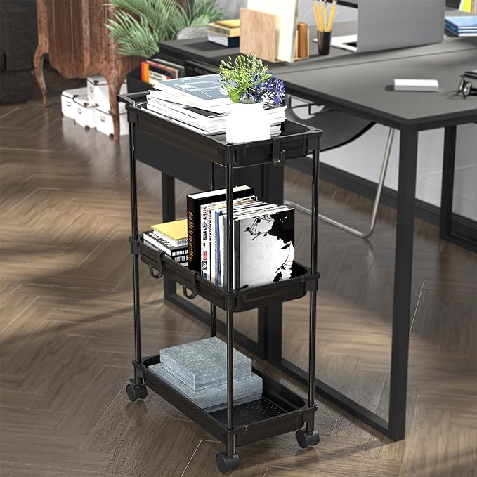 SimpleHouseware Standard 3-Tier Slim Rolling Storage Cart, Black - LeafyLoom