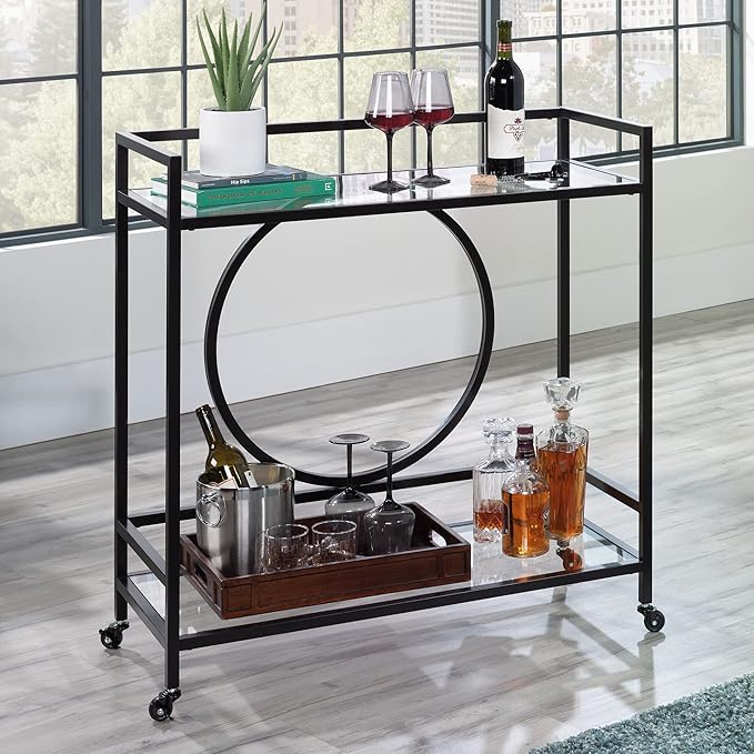 Sauder International Lux Bar Cart, Black Finish - LeafyLoom