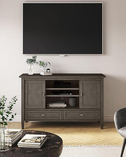 SIMPLIHOME Warm Shaker SOLID WOOD Universal TV Media Stand, 47 inch Wide, Transitional, Living Room Entertainment Center, Storage Cabinet, for Flat Screen TVs up to 55 inches in Farmhouse Grey - LeafyLoom