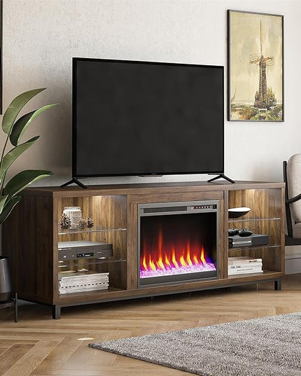 Ameriwood Home Lumina Fireplace TV Stand for TVs up to 70 Inch, Replaceable Electric Fireplace Insert Heater, Remote Control, Timer, Color Changing LED Lights, Crystal Ember Flames, Walnut - LeafyLoom