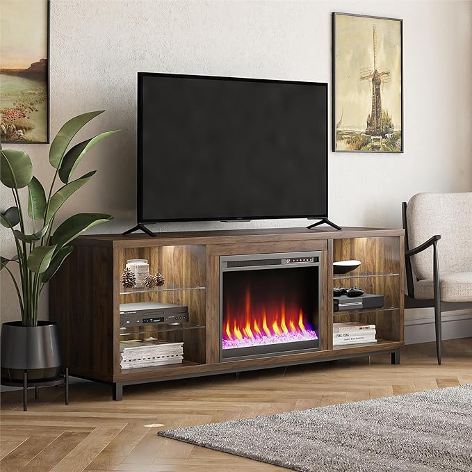 Ameriwood Home Lumina Fireplace TV Stand for TVs up to 70 Inch, Replaceable Electric Fireplace Insert Heater, Remote Control, Timer, Color Changing LED Lights, Crystal Ember Flames, Walnut - LeafyLoom