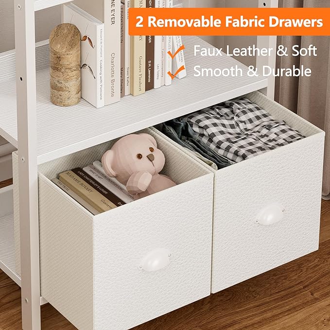 Furologee 5 Tier Bookshelf with Drawers, White Tall Bookcase with Shelves, Wood and Metal Book Shelf Storage Organizer, Modern Display Free Standing Shelf Unit for Bedroom, Living Room, Office - LeafyLoom