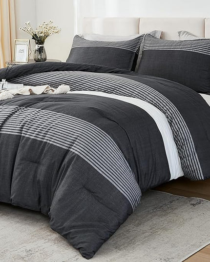 Litanika Full Size Comforter Sets Black White Grey - 3 Pieces Lightweight Bedding Set, All Season Down Alternative Comforter (1 Comforter, 2 Pillowcases) - LeafyLoom