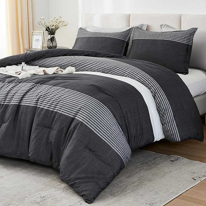Litanika Full Size Comforter Sets Black White Grey - 3 Pieces Lightweight Bedding Set, All Season Down Alternative Comforter (1 Comforter, 2 Pillowcases) - LeafyLoom