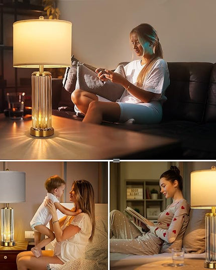 QiMH Gold Table Lamps for Bedroom Set of 2 with Nightlight, Modern Bedside Lamp with 2 USB Charging Port, Clear Nightstand Lamp for Living Room White Shade Home Light Decor(LED Bulbs Included) - LeafyLoom