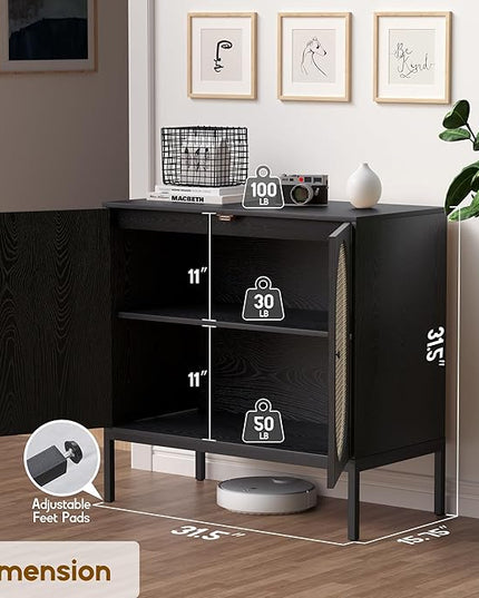XIAO WEI Sideboard Cabinet with Handmade Natural Rattan Doors, Rattan Cabinet Accent Buffet Cabinet Console Table, for Living Room Dining Room Hallway kitchen-2 Pieces(Black Oval) - LeafyLoom