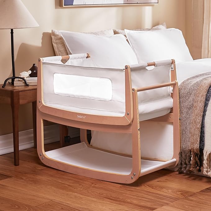 SnuzPod4, Bassinet Bedside Sleeper - Safe and Comfortable Baby Crib and Bed, 3D Breathable Mattress, Fits Bed with Adjustable Max. Height of 28.5”, Machine Washable Mesh Liner (Natural) - LeafyLoom