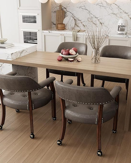 Large Dining Chairs with Casters and Arms, Rolling Dining Chairs with Wheels, Poker Chairs, Solid Wood Office Desk Chairs, 26"D x 25.2"W x 31.5"H, Cherry Legs & Dark Brown Fabric SY-1533-DK - LeafyLoom