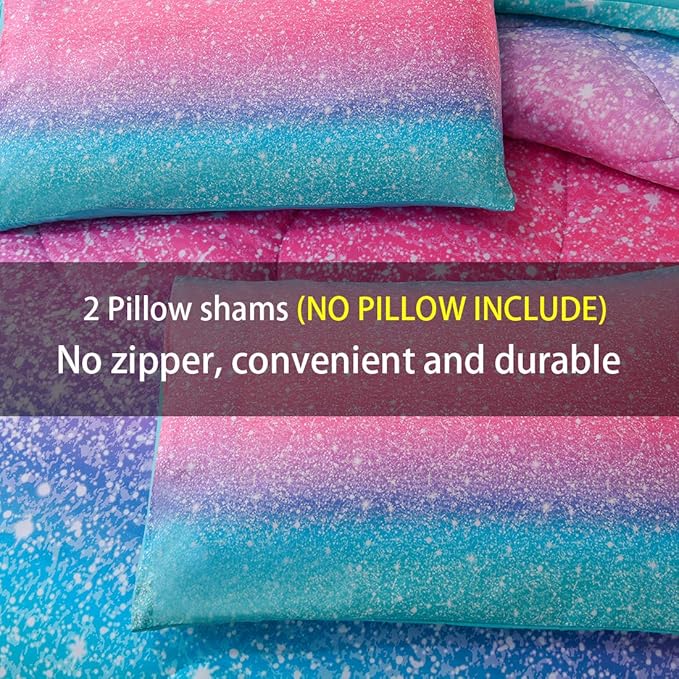 JQinHome Queen 3Pcs Glitter Comforter Sets for Girls, 3D Colorful Duvet Pink Rainbow Themed Bedding, All-Season Reversible Quilted Duvet,for Girls Women- includes 1 Comforter, 2 Pillowcases - LeafyLoom