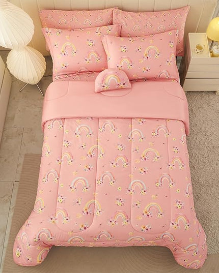 Mooreeke Twin Size Comforter Sets for Girls Kids, 6 Pieces Bed in a Bag Pink Rainbow Flowers Bedding Comforter Sheet Set with Shams and Decorative Toy Pillow, Ultral Soft Microfiber Kids Bed Set - LeafyLoom