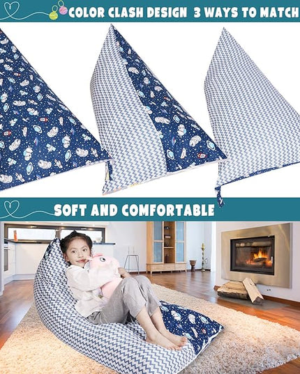 Stuffed Animal Storage Bean Bag Chair Cover, Cotton Blue Universe Plush Toy Storage Stuff and Sit Seat for Kids/Teens/Adults, 52" x 31" Extra Large Triangle Floor Sofa, 200L/52Gal, Cover Only - LeafyLoom