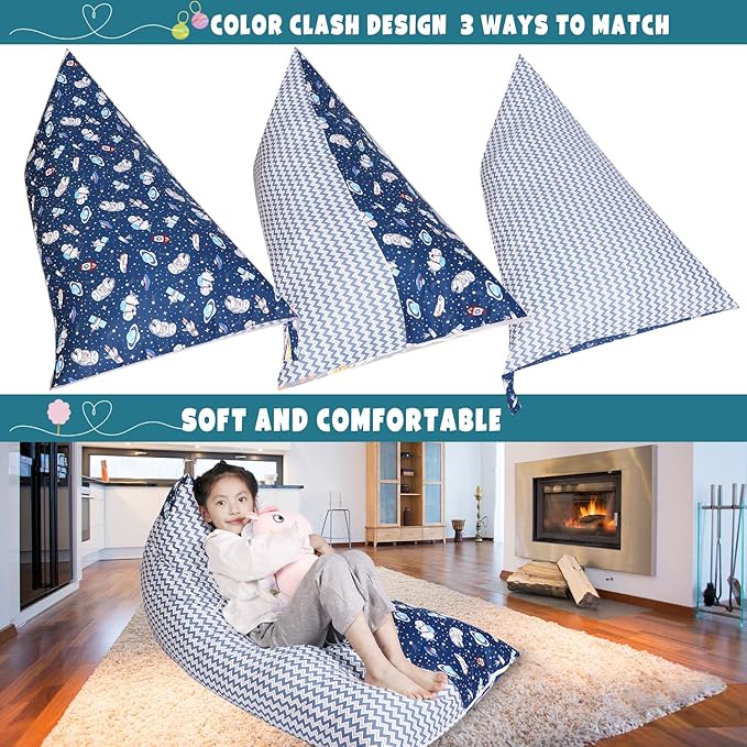 Stuffed Animal Storage Bean Bag Chair Cover, Cotton Blue Universe Plush Toy Storage Stuff and Sit Seat for Kids/Teens/Adults, 52" x 31" Extra Large Triangle Floor Sofa, 200L/52Gal, Cover Only - LeafyLoom