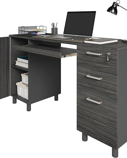 Modern Design By Crafts & comfort Venice Computer Desk - Office Desk with 3 Drawers & CPU Storage Cabinet - Laptop Workstation with Keyboard Tray & Cable Hole - Home & Office Supplies -Slate/Black - LeafyLoom