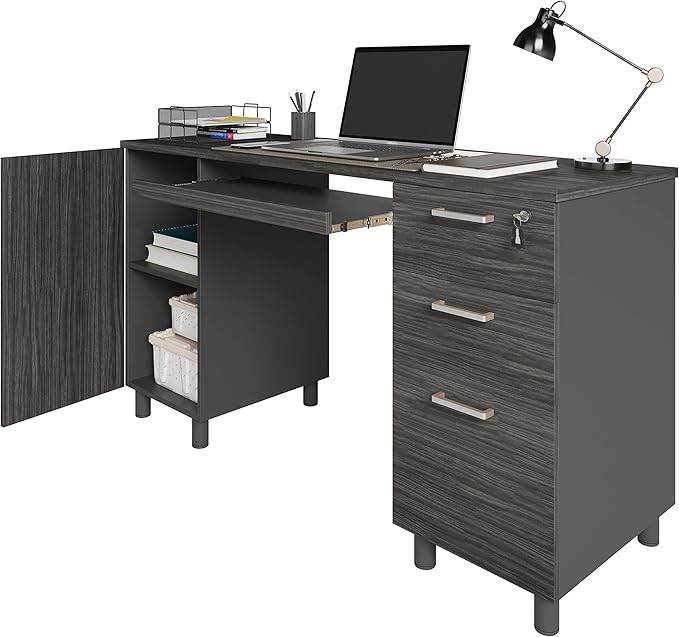Modern Design By Crafts & comfort Venice Computer Desk - Office Desk with 3 Drawers & CPU Storage Cabinet - Laptop Workstation with Keyboard Tray & Cable Hole - Home & Office Supplies -Slate/Black - LeafyLoom