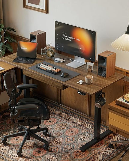 Adjustable Height Electric Standing Desk with Storage Wooden Drawer, 55 x 24 Inches Stand Up Home Office Computer Gaming Table with Splice Board for Work Office Home, Dark Walnut - LeafyLoom