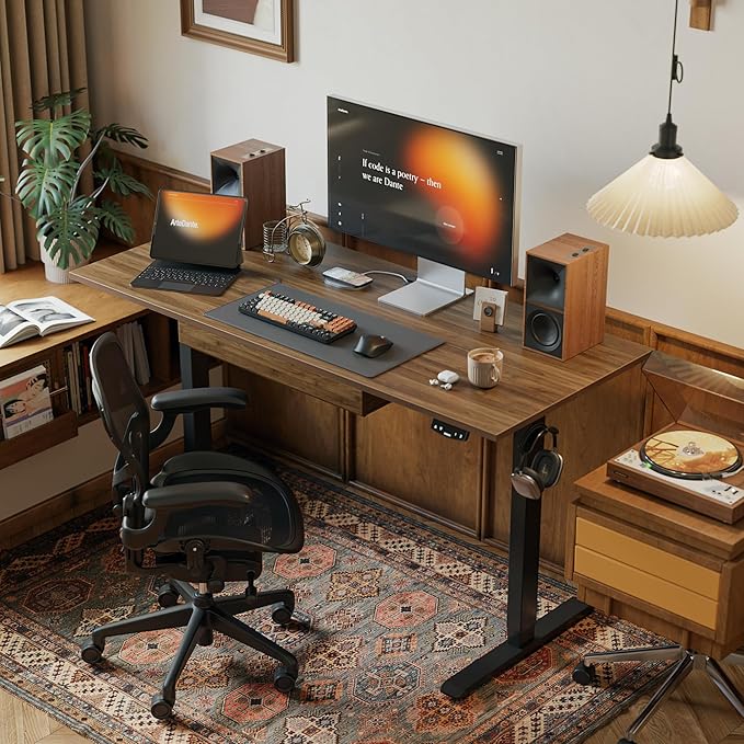 Adjustable Height Electric Standing Desk with Storage Wooden Drawer, 55 x 24 Inches Stand Up Home Office Computer Gaming Table with Splice Board for Work Office Home, Dark Walnut - LeafyLoom
