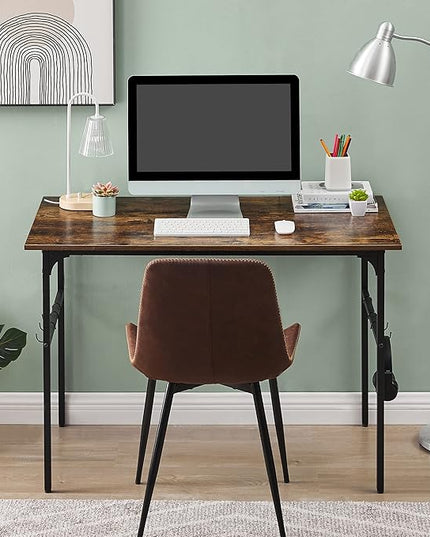 VECELO 44" Computer Writing Desk for Home Office, Study Table Workstation for Small Spaces with 6 Hooks & Adjustable Legs, Metal Frame,Brown, 44Inches - LeafyLoom