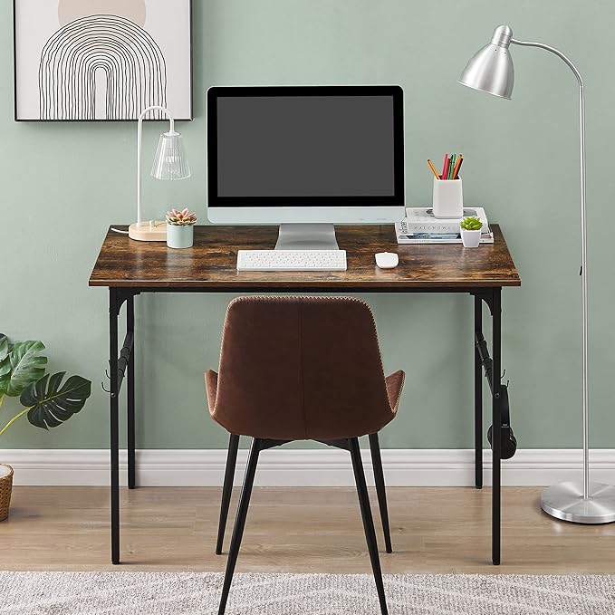 VECELO 44" Computer Writing Desk for Home Office, Study Table Workstation for Small Spaces with 6 Hooks & Adjustable Legs, Metal Frame,Brown, 44Inches - LeafyLoom