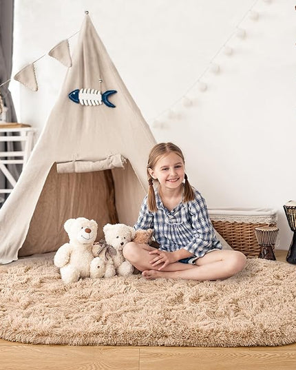 Noahas Ultra Soft Fluffy Bedroom Rugs,2.6' X 5.3' Oval Beige Fluffy Rugs for Bedroom,Small Throw Rugs, Kids Room Carpet Modern Shaggy Area Rugs Home Decor - LeafyLoom