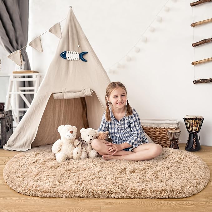Noahas Ultra Soft Fluffy Bedroom Rugs,2.6' X 5.3' Oval Beige Fluffy Rugs for Bedroom,Small Throw Rugs, Kids Room Carpet Modern Shaggy Area Rugs Home Decor - LeafyLoom